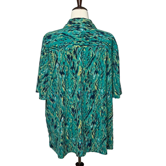 Catherines Top Womens 2X Green Blue Button Up Stretch Short Sleeve V-Neck Blouse - Picture 2 of 9